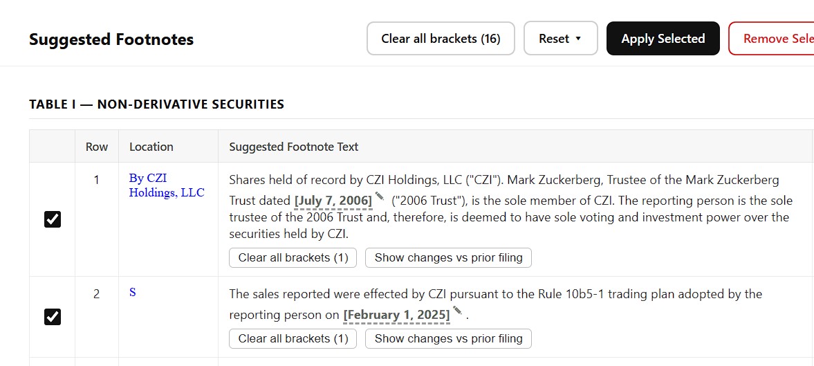 AI-suggested footnotes with live values highlighted