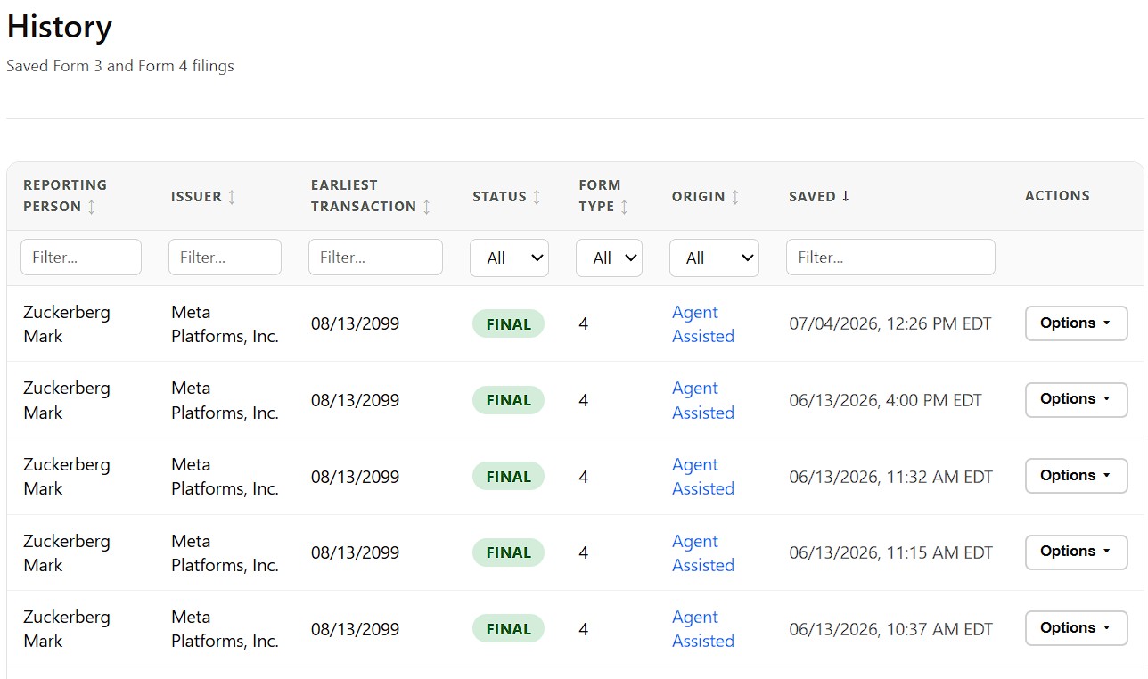 Filing history with saved, versioned drafts
