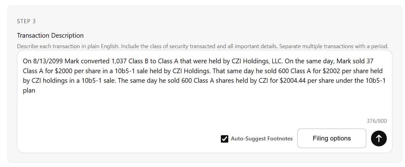 Plain-English transaction description input