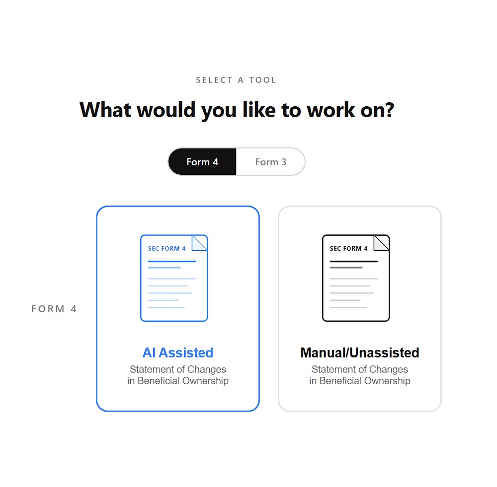 Tool selection screen for choosing Form 4 or Form 3, AI-assisted or manual